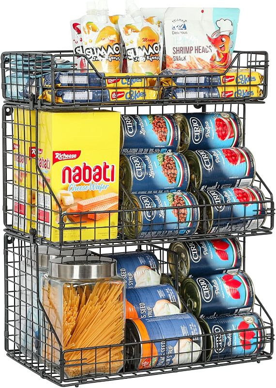 Photo 1 of 3-tier Stackable Wire Baskets for Pantry Storage and Organization,Food Packet Organizer with 4 Removable Dividers,Multifunctional Pantry Baskets for Snack Spice Canned Food,Black
