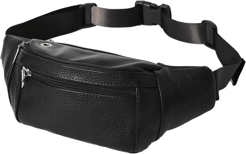 Photo 1 of 7-Mi Fanny Pack for Men Women Large Genuine Leather Crossbody Waist Bag Waterproof with Adjustable Strap for Running Hiking Walking Traveling Black
