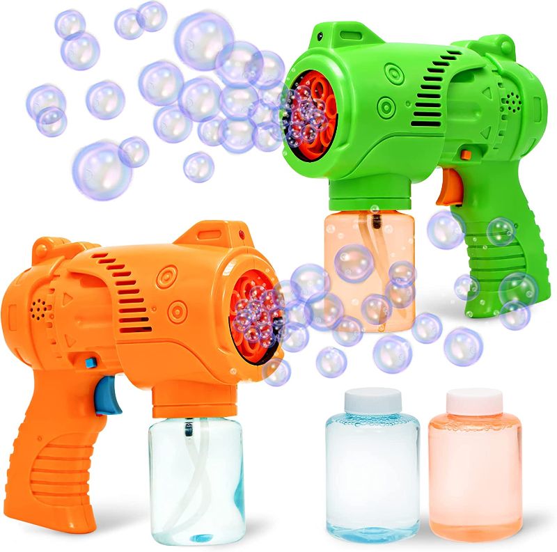 Photo 1 of JOYIN 2 Colorful Bubble Gun with 2 Bottles Bubble Solutions for Kids, Indoor and Outdoor Play, Bubble Blower Machine for Summer Themed Party and Birthday Supplies
