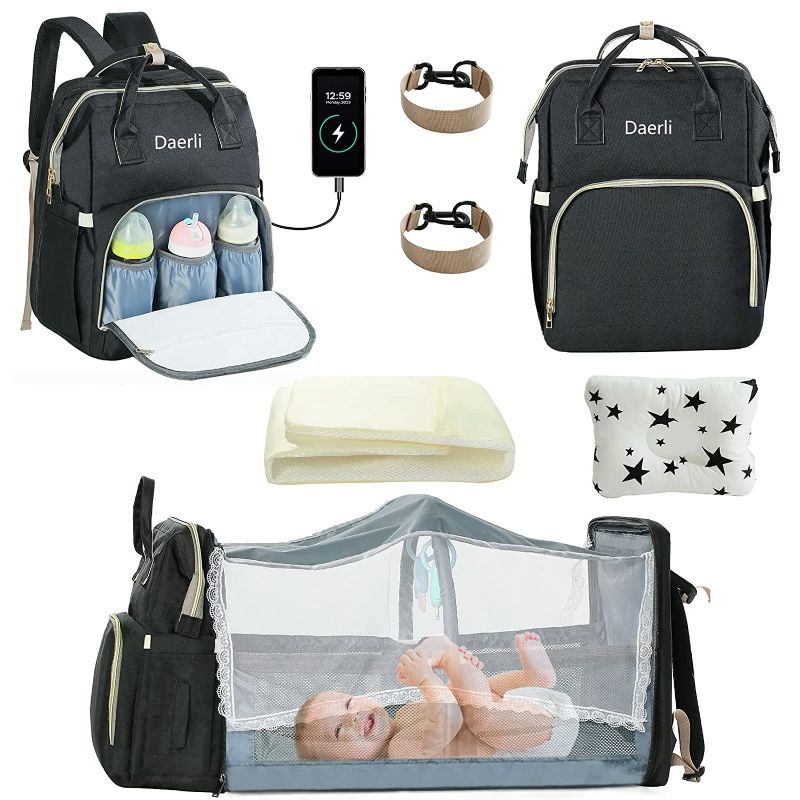 Photo 1 of Daerli Diaper Bag Backpack with Changing Station, Large Capacity Waterproof Baby Bag with Stroller Strap & Soft Mattress & Baby Pillow & Mosquito Net & USB Charging Port, Baby Diaper Bag (Black)
