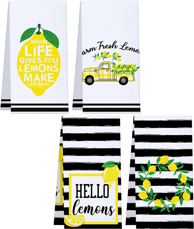 Photo 1 of 4 Pieces Stripes Lemon Pineapple Kitchen Dish Towels Hello Lemon Pineapple Farm Fresh Yellow Seasonal Spring Summer Cloth Tea Towels for Cooking Baking,16 x 24 Inch (Vivid Pattern)
