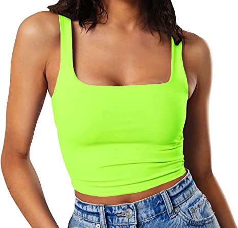 Photo 1 of Artfish Women's Sleeveless Strappy Tank Square Neck Double Layer Workout Fitness Casual Basic Crop Tops- S
