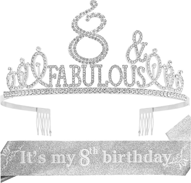 Photo 1 of 8th Birthday, 8th Birthday Decorations for Girls, 8th Birthday Tiara and Sash Silver, 8th Birthday Tiara, 8th Birthday Sash, 8th Birthday Crown for Girls, 8th Birthday Crown and Sash for Girls
