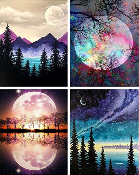 Photo 1 of 4 Pack DIY Paint by Numbers for Adults Beginner, Moon Landscape Easy Paint by Numbers for Beginner, Acrylic Watercolor Paint by Number for Kids, Painting by Numbers Perfect for Gift Decor - 12x16 Inch
