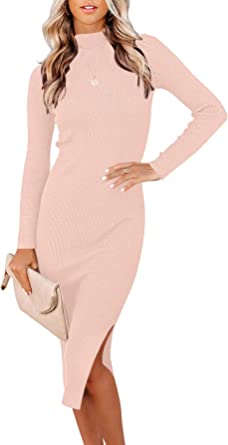 Photo 1 of ANRABESS Women's Long Sleeve Ribbed Sweater Dress Turtleneck Slim Fit Slit Midi Dress- M
