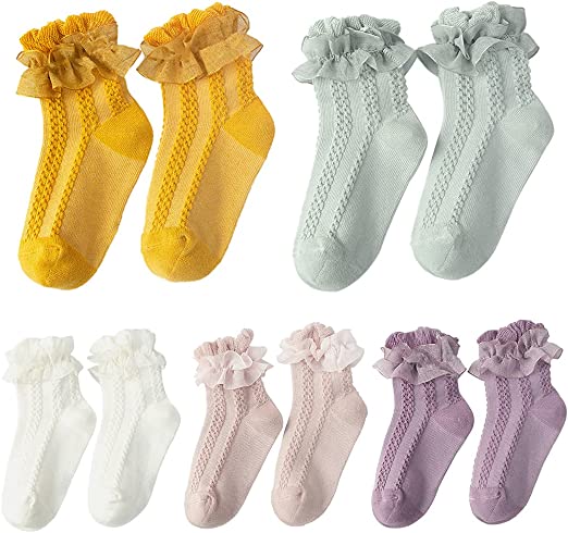 Photo 1 of 5 Pairs Cute Baby Girl Ruffle Socks Cotton Lace Baby Socks Princess Style Dress Socks for Toddler Girls Infant
