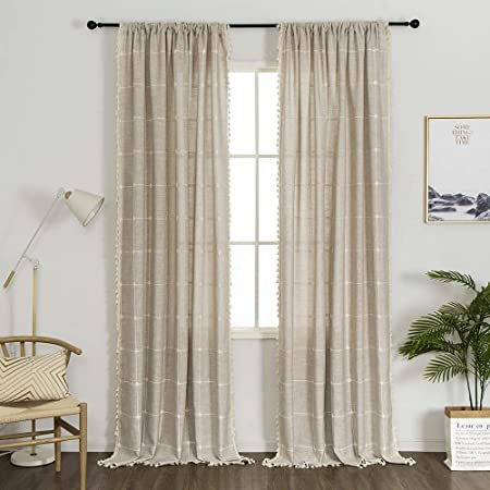 Photo 1 of 1 Pair Cotton Linen Boho Curtains with Tassel, Farmhouse Curtains for Bedroom Living Room (Beige,2 x 54" x 84")