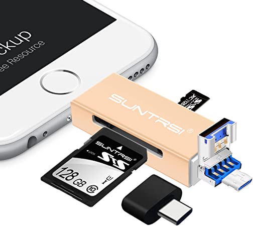 Photo 1 of SD Card Reader for iPhone ipad Android Mac PC Camera,Trail Game Camera SD Card Reader Viewer,4 in 1 Memory Card Reader SD Card Adapter with Dual Slots and Charging Port, Plug and lay gold