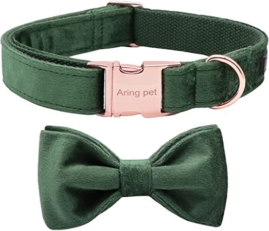 Photo 1 of ARING PET Dog Collars with Bowtie-Velvet Dog Bow tie Collar, Adjustable Dark Green Dog Collar