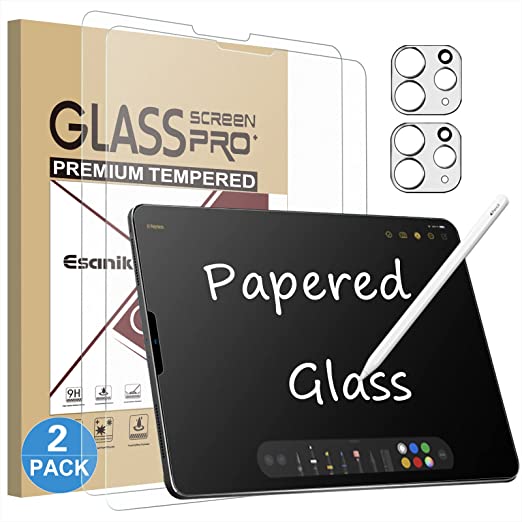 Photo 1 of Esanik [2+2 Pack] Like Paper Glass Screen Protector for iPad Pro 12.9 (2021/2020/2018) with Camera Lens Protector & Alignment Sticker, 9H Tempered Glass PAPERed Screen Protector for Drawing, Writing