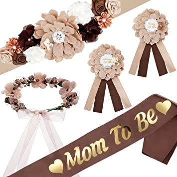 Photo 1 of 5 Pcs Maternity Sash Kit Mom to Be Daddy to Be Corsage Pins Flower Crown Belly Belt Pregnancy Sash for Bear Theme Baby Shower Decorations Pregnancy Parents Props Keepsake Gifts Party Favors (Brown)