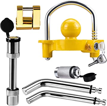 Photo 1 of ***NO KEYS***Trailer Hitch Security Lock Set Including Yellow U-Shaped Universal Ball Hitch Lock #72783, 1/2" and 5/8" Receiver Hitch Pin Lock, Golden Trailer Hitch Lock Coupler Locking Pin,