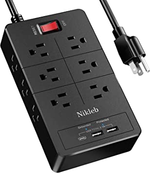 Photo 1 of Surge Protector Power Strip Nikleb, Plug Extender with 2 USB + 1 Type C Ports Total 3.1A, Multi Plug Outlet Extender for Office Supplies, Charging Station Wall Mount, Heavy Duty Electrical Equipment