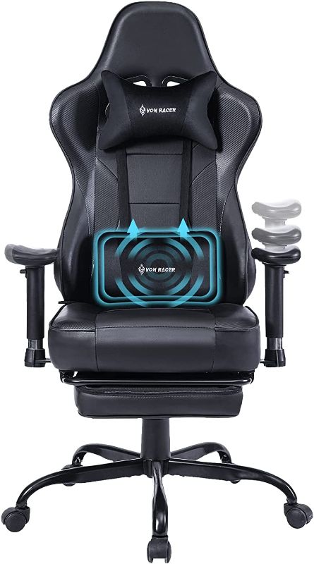 Photo 1 of VON RACER Gaming Chair Ergonomic PC Chair with Massage Lumbar Support and Headrest,Game Chair Adjustable Armrests for Computer PU Leather E-Sports Gamer Chairs with Retractable Footrest Black
