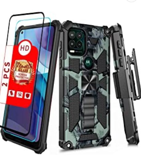 Photo 1 of Shockproof Camouflage Military Grade Drop Tested Phone Case with Built in Kickstand with Screen Protector Holster Belt Clip Fits for Moto G Stylus 5G 6.8" (Light Green CAMO)