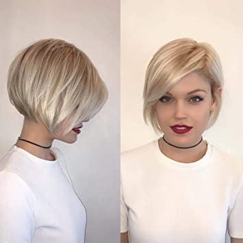 Photo 1 of Baruisi Short Blonde Wigs for White Women Layered Synthetic Side Part Straight Bob Wig Halloween Party Cosplay Hair with Wig Cap