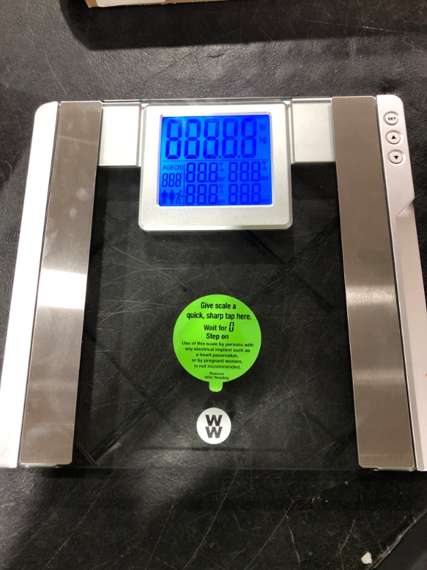 Photo 2 of WW Scales by Conair Body Analysis Glass Bathroom Scale, Measures Body Fat, Body Water, Bone Mass & BMI, 4 User Memory, Jumbo 3.2" Blue Backlight LCD Readout, 400 Lbs. Capacity