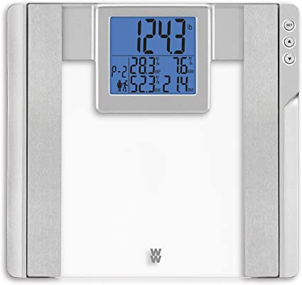 Photo 1 of WW Scales by Conair Body Analysis Glass Bathroom Scale, Measures Body Fat, Body Water, Bone Mass & BMI, 4 User Memory, Jumbo 3.2" Blue Backlight LCD Readout, 400 Lbs. Capacity