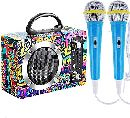 Photo 1 of Wooden Bluetooth Karaoke Machine for Kids & Adults, Cartoon Plated Rechargeable Wireless Speaker Music Box MP3 Player with 2 Microphones 