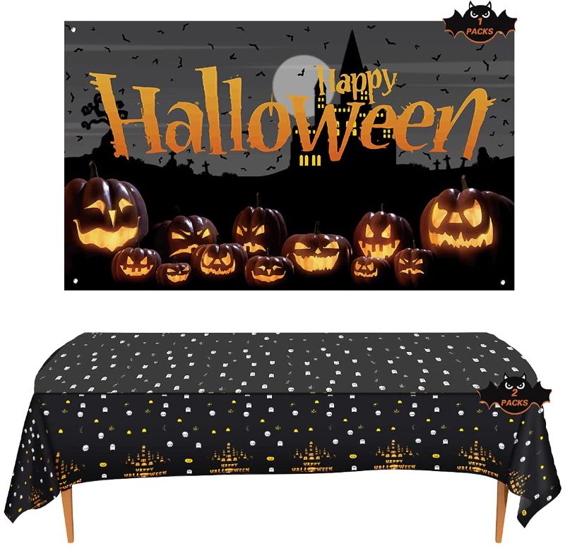 Photo 1 of 2021 Halloween Decorations,Halloween tablecloth and Halloween Backdrop,Halloween Table Covers and Banner,2 PCS Halloween Tablecloth and 1 PCS Photography Backdrop,Halloween Decorations for Party Decor
