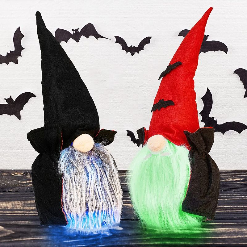 Photo 1 of 2 Pcs Halloween Gnomes with Color Changing Lights, Swedish Gnomes Plush Dolls Ornaments with Black Cloak Hat, Halloween Decorations Indoor Home Table Decor
