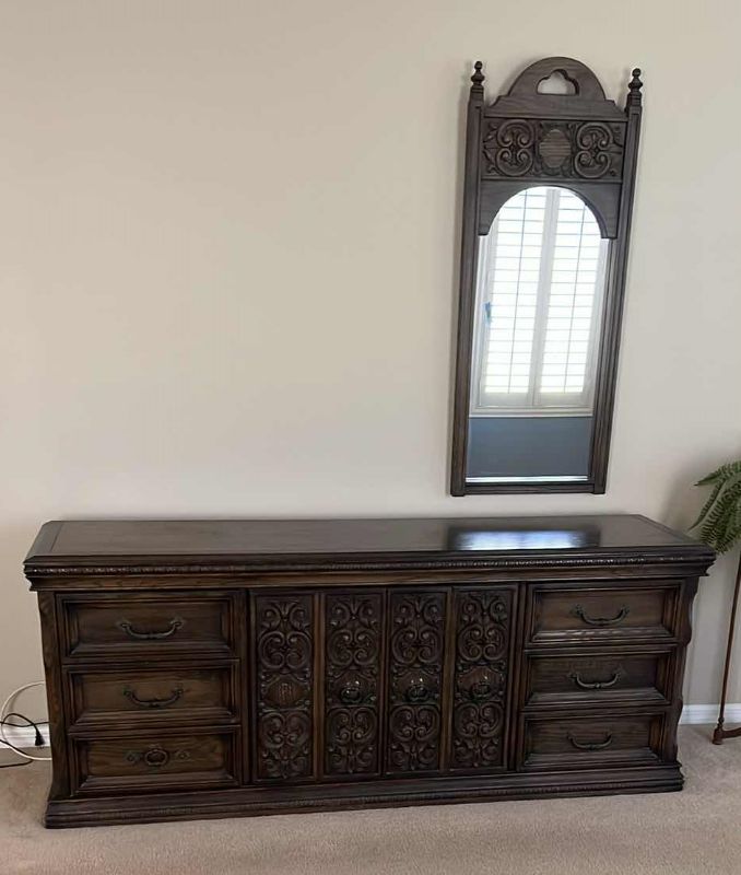 Photo 1 of VINTAGE WALNUT DRESSER W WALL MIRROR 77”x 31” H22”