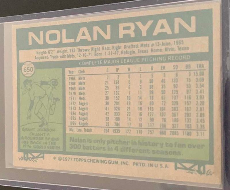 Photo 2 of 1977 TOPPS NOLAN RYAN CARD 650