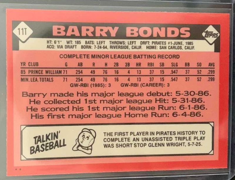 Photo 2 of 1986 TOPPS TRADED BARRY BONDS PIRATES ROOKIE CARD 111