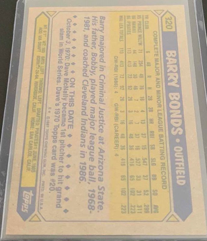 Photo 2 of 1987 TOPPS BARRY BONDS ERROR  CARD 320