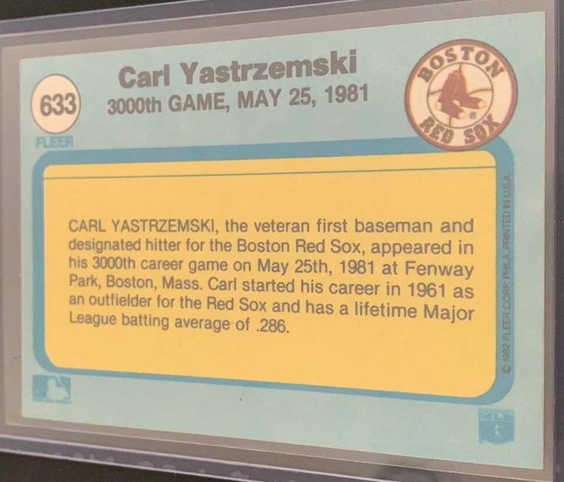 Photo 2 of 1982 FLEER CARL YASTRZEMSKI 3000TH GAME CARD