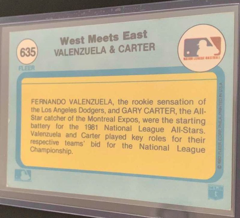 Photo 2 of 1982 FLEER WEST MEETS EAST, VALENZUELA & CARTER CARD