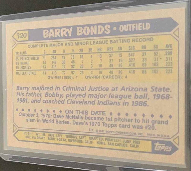 Photo 2 of 1987 TOPPS BARRY BONDS ERROR CARD 320