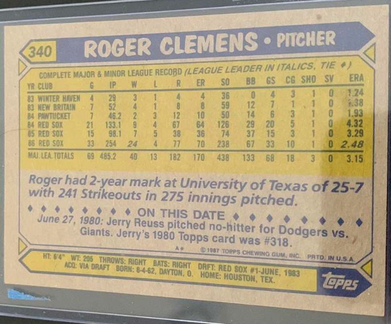 Photo 2 of 1987 TOPPS ROGER CLEMENS RED SOX CARD