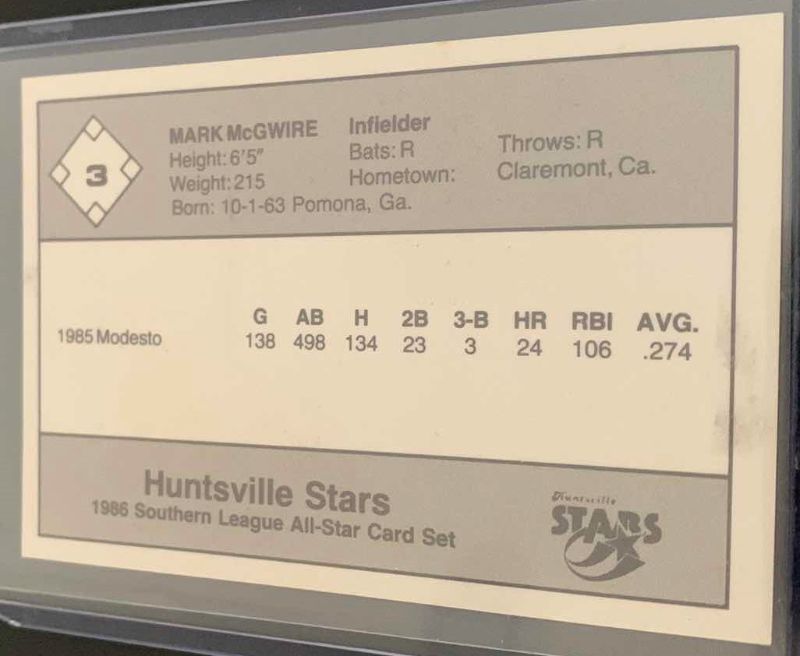 Photo 2 of 1986 HUNTSVILLE STARTS MARK MCGWIRE ALL-STAR MINOR LEAGUE ROOKIE CARD