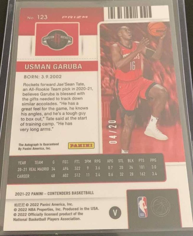 Photo 2 of 2022 PANINI USMAN GARUBA ROCKETS ROOKIE AUTO CARD ONLY 20 PRINTED