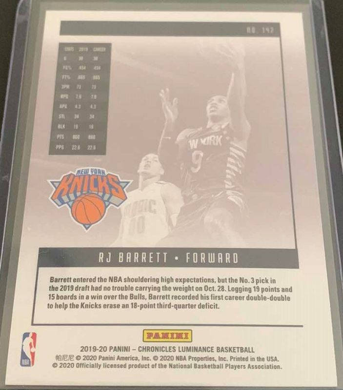 Photo 2 of 2019 PANINI LUMINANCE RJ BARRETT KNICKS ROOKIE CARD