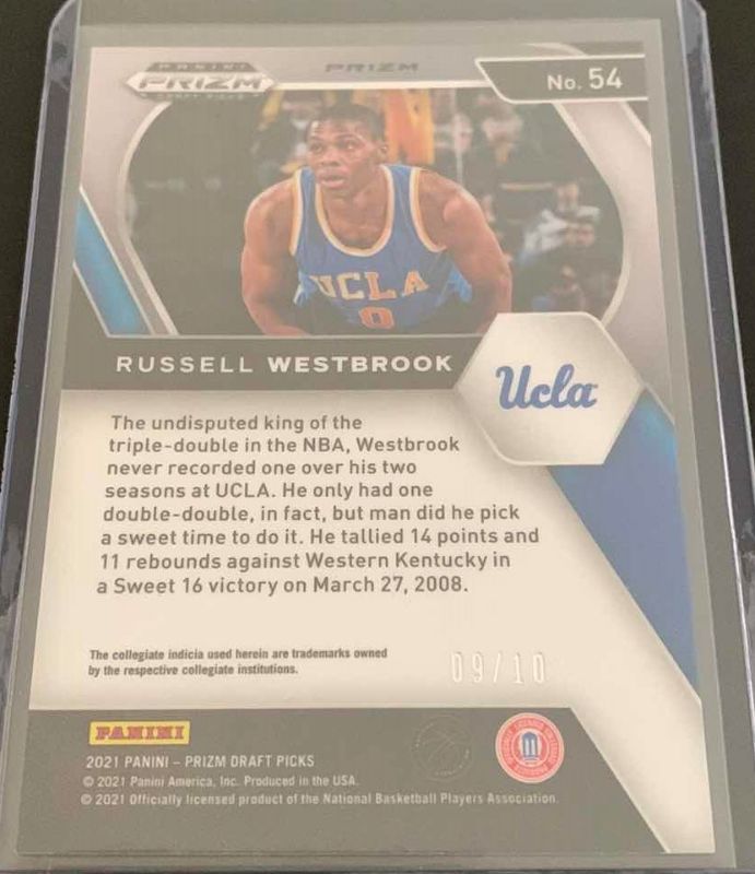 Photo 2 of 2021 PRIZM DRAFT RUSSELL WESTBROOK GOLD SHIMMER UCLA CARD ONLY 10 MADE