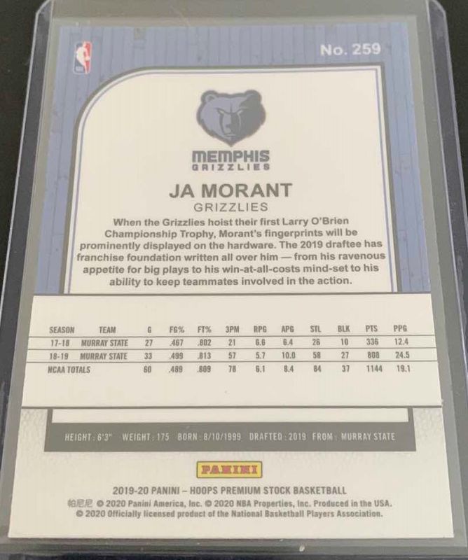 Photo 2 of 2019 PANINI JA MORANT GRIZZLIES ROOKIE CARD #259