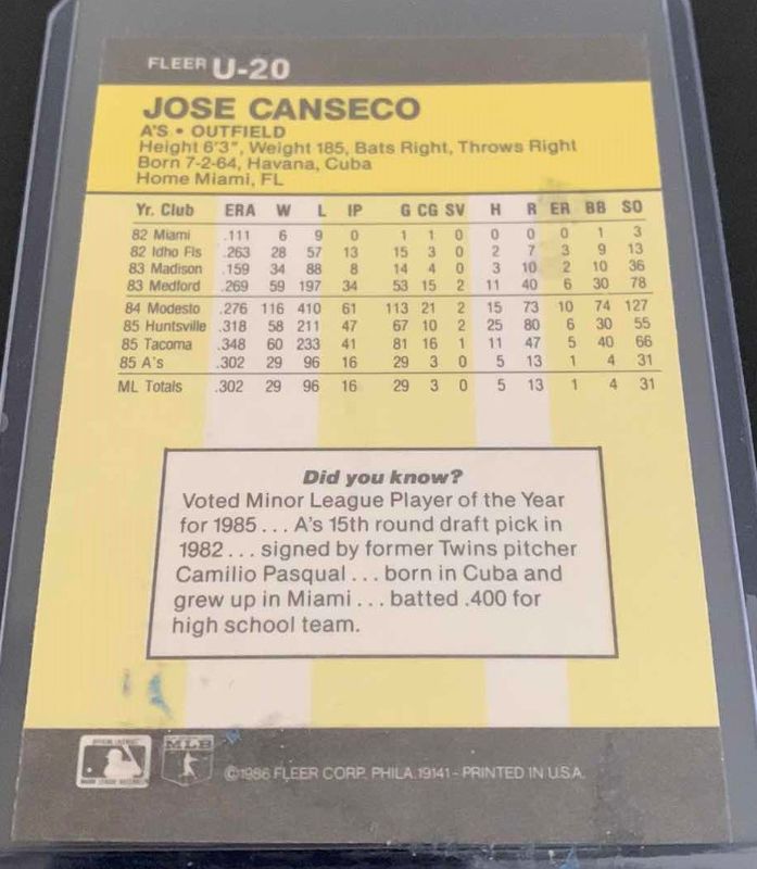 Photo 2 of 1986 FLEER JOSE CANSECO ROOKIE CARD U-20