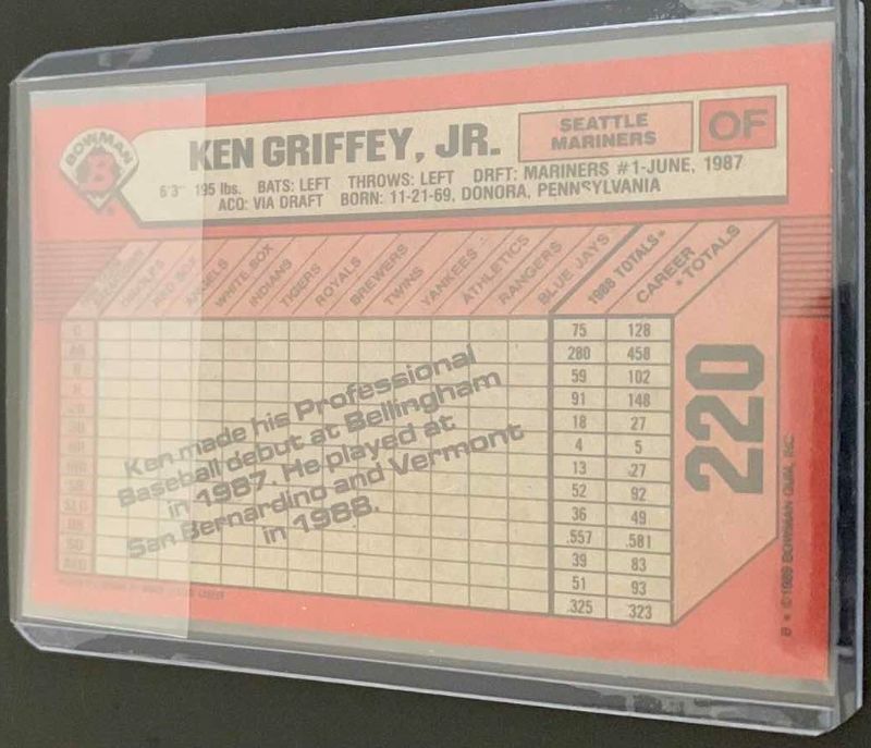 Photo 2 of 1989 KEN GRIFFEY JR  BOWMAN ROOKIE CARD 220