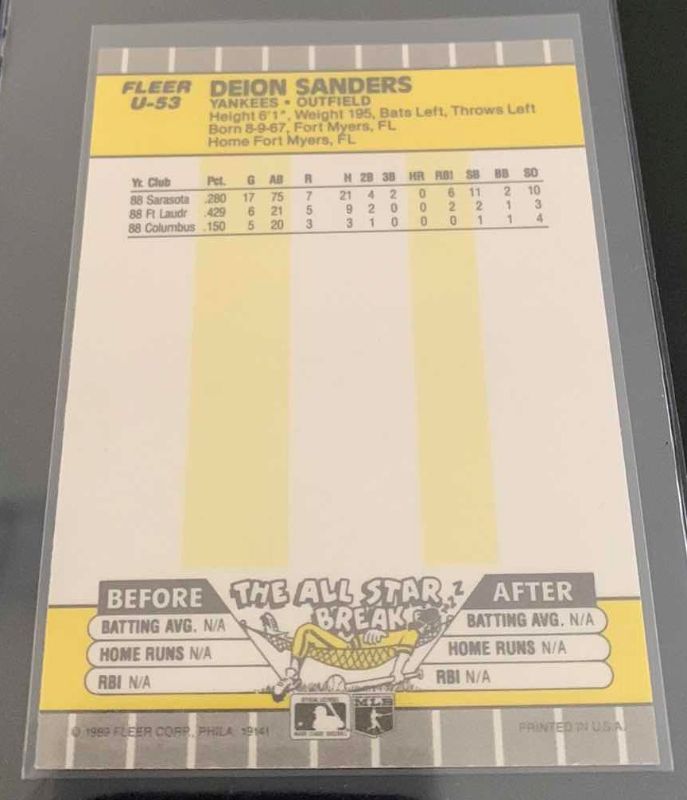 Photo 2 of 1989 FLEER DEION SANDERS ROOKIE CARD U-53