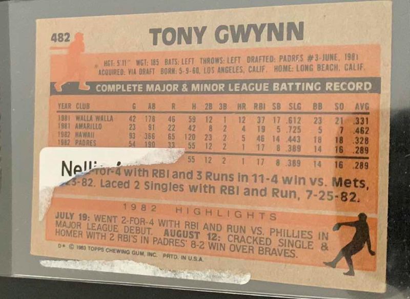 Photo 1 of 1983 TOPPS TONY GWYNN ROOKIE PADRES CARD 482