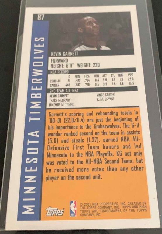 Photo 2 of 2001 NBA KEVIN GARNETT TIMBERWOLVES ROOKIE CARD