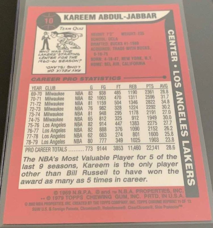 Photo 2 of 1979 REPRINT KAREEM ABDUL-JABBAR TOPPS CARD 10