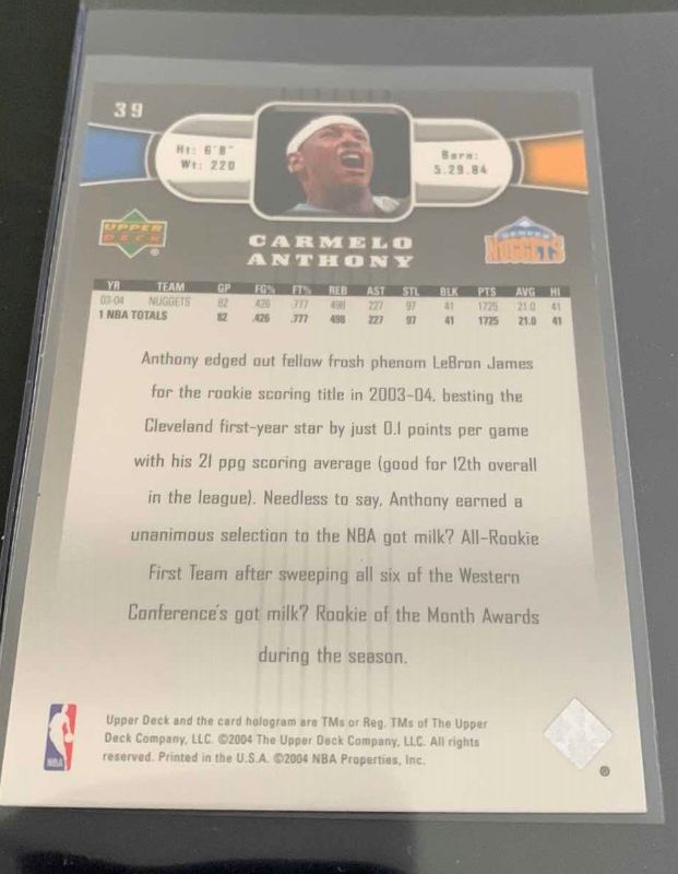 Photo 2 of 2004 UPPER DECK CARMELO ANTHONY ROOKIE NUGGETS CARD