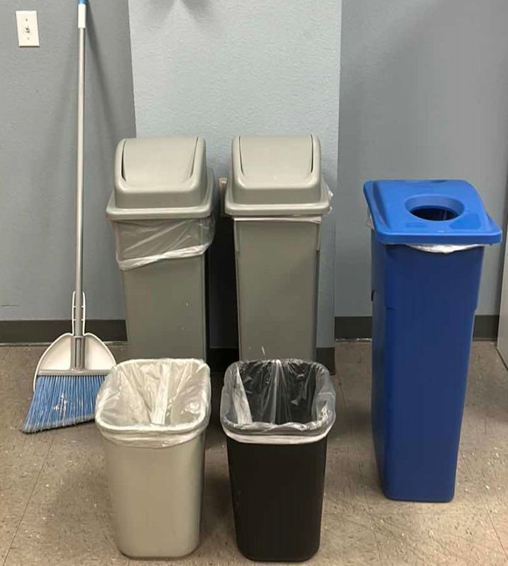 Photo 1 of OFFICE SUPPLIES- 4 WASTEBASKETS, 1 RECYCLE AND BROOM AND DUSTPAN