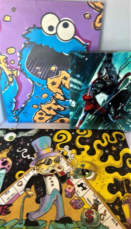 Photo 1 of 3 STRETCHED CANVAS ARTWORK, SPIDER-MAN 11” x 14”, COOKIE MONSTER 16” x 20”, MONOPOLY 24” x 18”