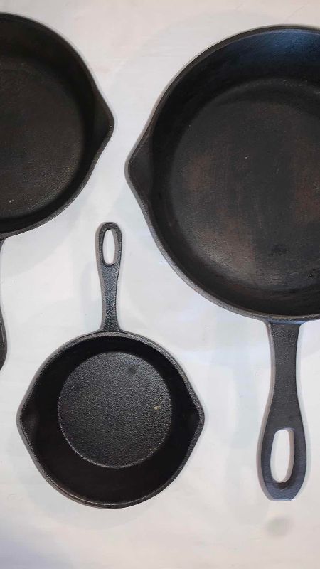 Photo 3 of SET OF 3 CAST IRON SKILLETS WIDEST 10 IN