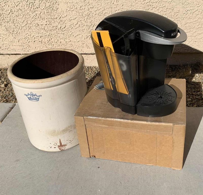 Photo 1 of KEURIG COFFEE MAKER AND LARGE CERAMIC JAR