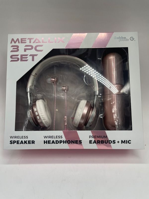 Photo 2 of GabbaGoods 3 Piece Metallix Electronics Gift Combo Set- Includes a Gabba Goods Bluetooth Wireless Audio Sound Speaker, Over the Ear Bluetooth Foldable Headset, & Earbuds with built-in Mic- ROSE GOLD
